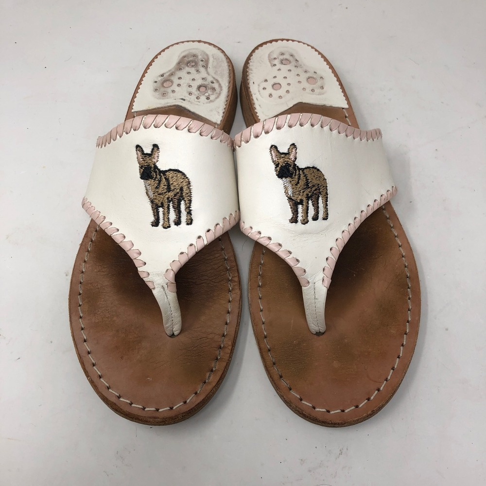 Jack Rogers Womens 8.5 French Bulldog Sandals White Pink Leather Thong‎